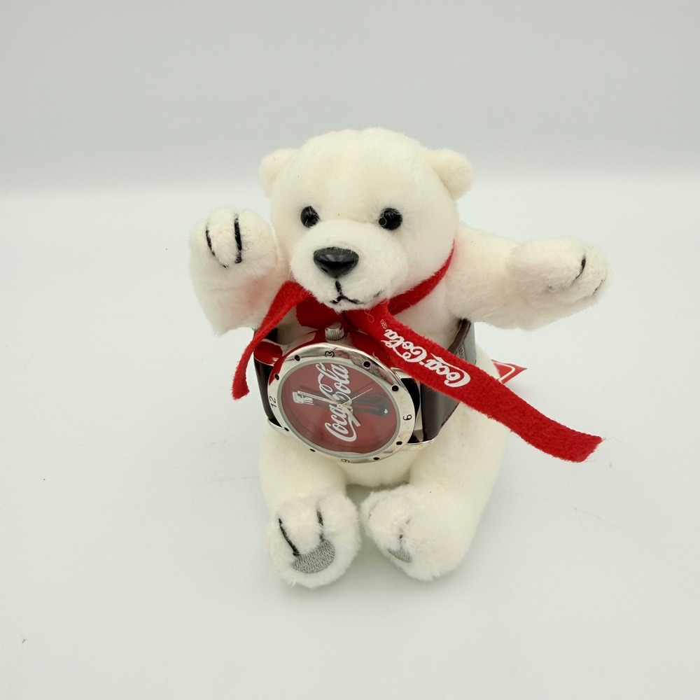 Coca Cola Polar Bear Plush Watch Brown‎ Leather Band Red Scarf Collectible